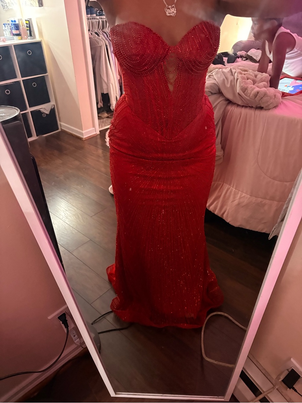 Strapless Red Beaded Prom Gown